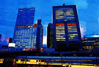 illustration,material,free,landscape,picture,painting,color pencil,crayon,drawing,The dusk of Shinjuku Station, railroad, Shinjuku, high-rise building, city
