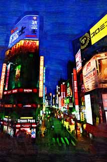 illust, materiell, befreit, Landschaft, Bild, Gemlde, Farbbleistift, Wachsmalstift, Zeichnung,,Die Dmmerung von Shinjuku stationiert, Im Stadtzentrum, Shinjuku, Kommerzielle Gebiete, die Stadt