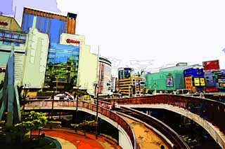 illustration,material,free,landscape,picture,painting,color pencil,crayon,drawing,The Sannomiya station square, Sannomiya, department store, Downtown, Kansai