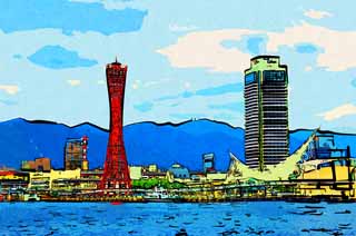 illust, materiale, libero panorama, ritratto dipinto, matita di colore disegna a pastello, disegnando,Kobe vira, porto, barca di piacere, Mestiere, attrazione turistica