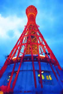 illust, materiale, libero panorama, ritratto dipinto, matita di colore disegna a pastello, disegnando,Kobe la torre di porto del crepuscolo, porto, Un osservatorio, la torre di porto, attrazione turistica