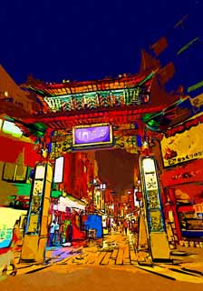 Illust, materieel, vrij, landschap, schilderstuk, schilderstuk, kleuren potlood, crayon, werkje,Kobe Nankinmachi, Chinatown, Een arcade, Benedenstad, China