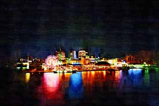 illust, matire, libre, paysage, image, le tableau, crayon de la couleur, colorie, en tirant,Kobe port nuit vue balayage de l'oeil, port, Ferris roue, bateau du plaisir, attraction touristique