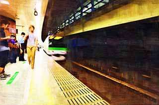 illust, materiale, libero panorama, ritratto dipinto, matita di colore disegna a pastello, disegnando,Shibuya colloca, piattaforma, blocco elevato, Yamanote fiancheggia, treno