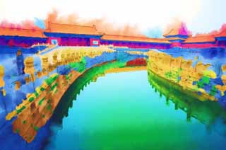 Illust, materieel, vrij, landschap, schilderstuk, schilderstuk, kleuren potlood, crayon, werkje,Mizuhashi van de oude paleis, Water Rivier, Een gemaakte een boog brug, Stenige brug, Draak