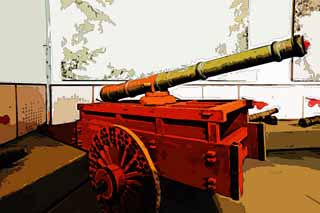 illustration,material,free,landscape,picture,painting,color pencil,crayon,drawing,The cannon of the old palace, War, Firearms, weapon, An embrasure