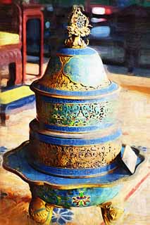 illustration,material,free,landscape,picture,painting,color pencil,crayon,drawing,The incense lamp of the old palace, An arabesque design, thunder crest, Bronze, Decoration