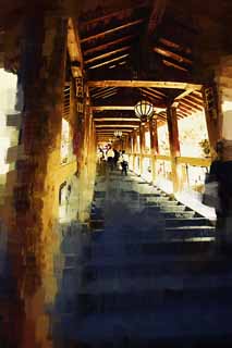 illustration,material,free,landscape,picture,painting,color pencil,crayon,drawing,The up corridor of Hase-dera Temple, corridor, Stairs, worshiper, Mitera of the flower