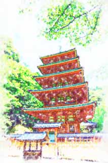 illust, materiale, libero panorama, ritratto dipinto, matita di colore disegna a pastello, disegnando,Cinque pagoda di Storeyed del tempio di Hase-dera, Io sono dipinto in rosso, edificio di legno, Chaitya, Mitera del fiore