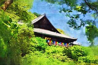 illust, matire, libre, paysage, image, le tableau, crayon de la couleur, colorie, en tirant,Le couloir cultuel d'un temple bouddhiste de Temple Hase-dera, Le couloir principal d'un temple bouddhiste, btiment en bois, Chaitya, Mitera de la fleur