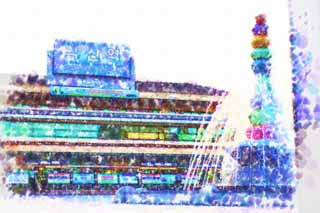 illustration,material,free,landscape,picture,painting,color pencil,crayon,drawing,Masuyama Station, fountain, The Iku sun, KORAIL, station building