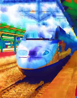 illust, materiale, libero panorama, ritratto dipinto, matita di colore disegna a pastello, disegnando,KTX, treno, KTX, KORAIL, binario di transito rapido