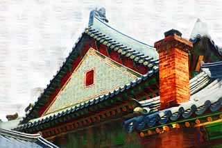illustration,material,free,landscape,picture,painting,color pencil,crayon,drawing,The roof of the Akitoku shrine, The Imperial Court architecture, tile, Nobumasa, world heritage