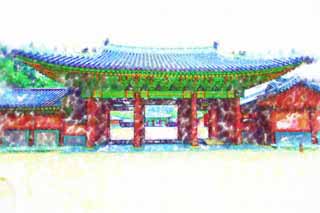 illustration,material,free,landscape,picture,painting,color pencil,crayon,drawing,Sudjunmun Gate, The Imperial Court architecture, tile, Reja, world heritage