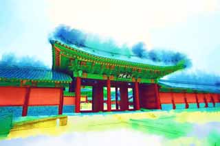 illustration,material,free,landscape,picture,painting,color pencil,crayon,drawing,The benevolent administration gate, The Imperial Court architecture, I am painted in red, An imperial villa, world heritage