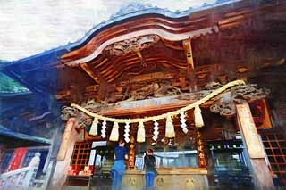illustration,material,free,landscape,picture,painting,color pencil,crayon,drawing,The main hall of a Buddhist temple of the Takao dried yam medicine emperor, The main hall of a Buddhist temple, Chaitya, Shinto straw festoon, Prayer