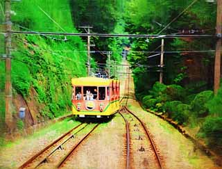 illustration,material,free,landscape,picture,painting,color pencil,crayon,drawing,The orbit of the Mt. Takao cable car, track, mountain climbing visitor, Hiking, An excursion