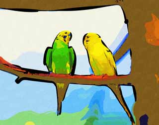 illustration,material,free,landscape,picture,painting,color pencil,crayon,drawing,The conversation of the parakeet, parakeet, cough result parakeet, perch, friend