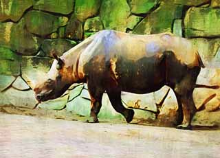 illustration,material,free,landscape,picture,painting,color pencil,crayon,drawing,Higashi black rhinoceros, rhinoceros, , horn, 