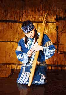 illust, materiale, libero panorama, ritratto dipinto, matita di colore disegna a pastello, disegnando,La donna che rifiuta tonnellata la rigidezza, strumento a corda, Musica, Costume di popolo, Ainu