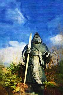 illust, materiale, libero panorama, ritratto dipinto, matita di colore disegna a pastello, disegnando,L'immagine di Ainu, statua di legno, cielo blu, Costume di popolo, Ainu