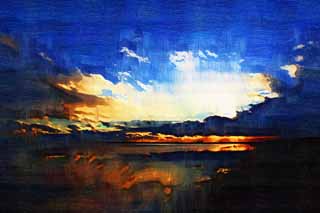 illust, matire, libre, paysage, image, le tableau, crayon de la couleur, colorie, en tirant,Le coucher de soleil du Lake Uto Ney, Terre humide, Glace, Geler, ciel bleu