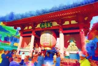 illustration,material,free,landscape,picture,painting,color pencil,crayon,drawing,Kaminari-mon Gate, sightseeing spot, Senso-ji Temple, Asakusa, lantern