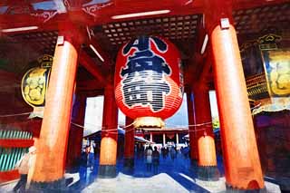 illust, material, livram, paisagem, quadro, pintura, lpis de cor, creiom, puxando,Templo de Senso-ji Hozo-mon porto, visitando lugares tursticos mancha, Templo de Senso-ji, Asakusa, lanterna