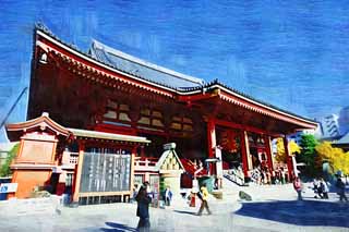 illust, material, livram, paisagem, quadro, pintura, lpis de cor, creiom, puxando,O Templo de Senso-ji corredor principal de um templo budista, visitando lugares tursticos mancha, Templo de Senso-ji, Asakusa, lanterna