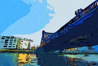 illust, materiale, libero panorama, ritratto dipinto, matita di colore disegna a pastello, disegnando,Kiyosu fa un ponte su, ponte, Discesa di Fiume di Sumida, Un ponte di ferro, Traffico