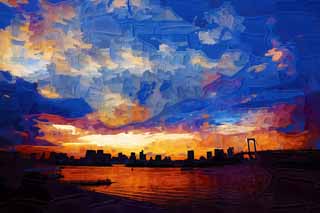 illustration,material,free,landscape,picture,painting,color pencil,crayon,drawing,Dusk of Odaiba, bridge, cloud, date course, seaside newly developed city center