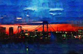 illust, matire, libre, paysage, image, le tableau, crayon de la couleur, colorie, en tirant,Crpuscule d'Odaiba, pont, nuage, cours de la date, le bord de la mer a dvelopp le centre de ville rcemment