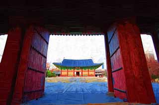 illustration,material,free,landscape,picture,painting,color pencil,crayon,drawing,The virtue Kotobuki shrine neutralization gate, palace building, I am painted in red, stone pavement, Tradition architecture