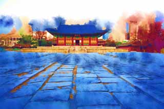 illustration,material,free,landscape,picture,painting,color pencil,crayon,drawing,The virtue Kotobuki shrine Hall of Central Harmony, palace building, I am painted in red, stone pavement, Tradition architecture