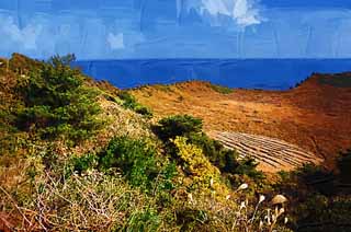 illust, materiale, libero panorama, ritratto dipinto, matita di colore disegna a pastello, disegnando,Il cratere dello Shiroyama Hiji la vetta, ilchulbong di seongsan, Cliff, isola vulcanica, macchia di bellezza