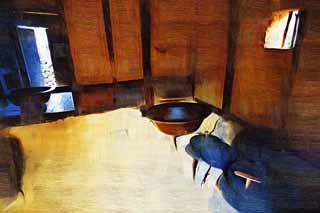 illust, materiale, libero panorama, ritratto dipinto, matita di colore disegna a pastello, disegnando,Una tradizione coreana casa privata, cucina, tegame, casa privata, Cultura tradizionale