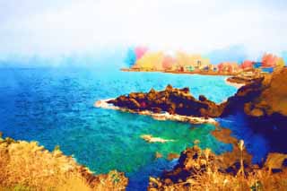 illustration,material,free,landscape,picture,painting,color pencil,crayon,drawing,The shore of Cheju Island, Dragon Head Rock, Yongduam, shore, fisherman
