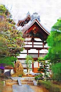 illust, materiale, libero panorama, ritratto dipinto, matita di colore disegna a pastello, disegnando,Tenryu-ji Jisai-in, tegola, muro bianco, Chaitya, tetto