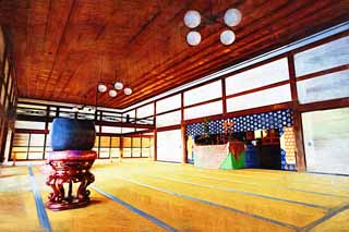illust, materiale, libero panorama, ritratto dipinto, matita di colore disegna a pastello, disegnando,Tenryu-ji la grande lunghezza di porzione, Chaitya, stuoia di tatami, eredit di mondo, Sagano