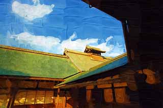 illustration,material,free,landscape,picture,painting,color pencil,crayon,drawing,Tenryu-ji sermon hall, Chaitya, roof, world heritage, Sagano