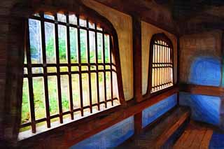 illust, materiale, libero panorama, ritratto dipinto, matita di colore disegna a pastello, disegnando,Tenryu-ji fiorisce finestra di testa, Chaitya, lucernario, eredit di mondo, Sagano