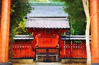 illustration,material,free,landscape,picture,painting,color pencil,crayon,drawing,Tenryu-ji Shrine, Shinto shrine, I am painted in red, world heritage, Sagano