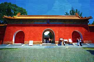 illust, materiale, libero panorama, ritratto dipinto, matita di colore disegna a pastello, disegnando,Il Ming Xiaoling il Mausoleo il cancello di Fumitake, grave, Io sono dipinto in rosso, Il cancello, prenda a sassate pavimentazione