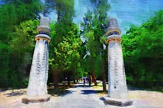 illustration,material,free,landscape,picture,painting,color pencil,crayon,drawing,Ming Xiaoling Mausoleum old man relation road Shinto, Remains, stone pillar, An approach to a shrine, world heritage