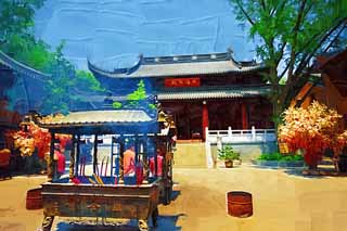 illustration,material,free,landscape,picture,painting,color pencil,crayon,drawing,Hoden very much male ghost Valley temple, candle, An incense stick, Prayer, Buddhism