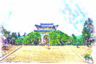 illustration,material,free,landscape,picture,painting,color pencil,crayon,drawing,Chungshan Mausoleum monument, Shingai Revolution, Mr. grandchild Nakayama, Zijin mountain, The Republic of China founding of a country