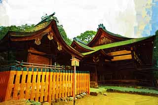 illustration,material,free,landscape,picture,painting,color pencil,crayon,drawing,Kamigamo Shrine Nara Corporation, I am painted in red, North food and wine offered to the gods place, world heritage, The Emperor