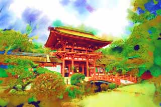 illust, matire, libre, paysage, image, le tableau, crayon de la couleur, colorie, en tirant,Porte de la tour de Kamigamo Temple, Je suis peint en rouge, Dieu, patrimoine de l'humanit, L'empereur