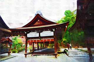 illustration,material,free,landscape,picture,painting,color pencil,crayon,drawing,Kamigamo Shrine river bridge house, Sei God, God, world heritage, The Emperor