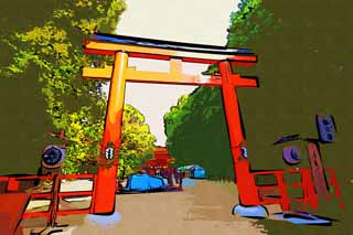 illustration,material,free,landscape,picture,painting,color pencil,crayon,drawing,Shimogamo Shrine company torii, Shinto, Prevention against evil, Precincts, Shinto shrine gate